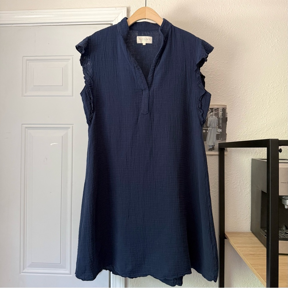 SITANO navy blue cotton gauze ruffle summer popover sleeveless polo mini dress‎